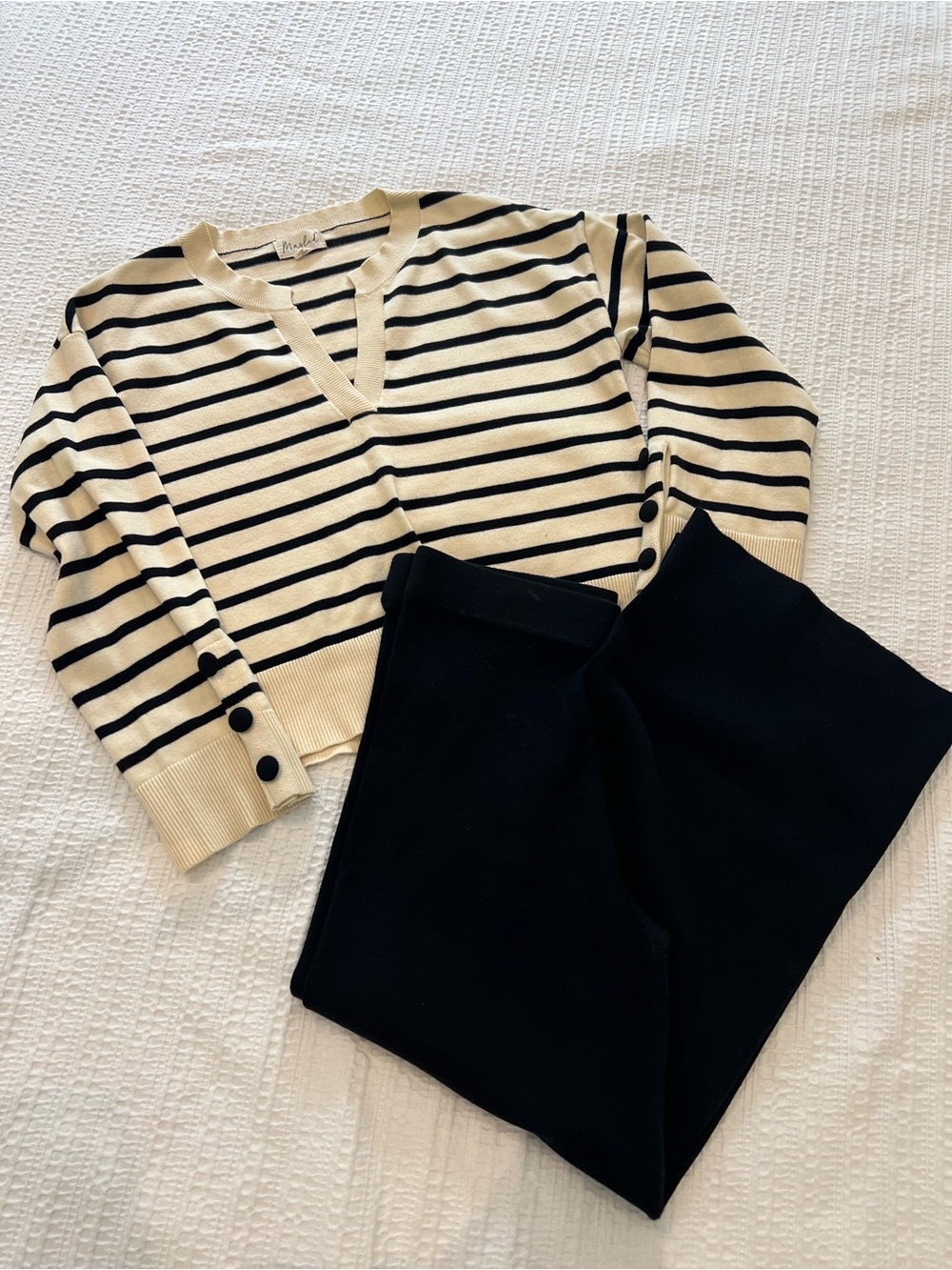 Marled Cream & Black Striped V-Neck Sweater